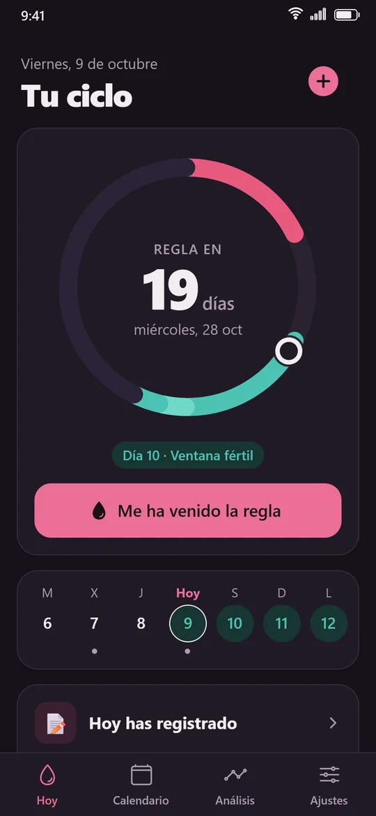 Pantalla Hoy en modo oscuro
