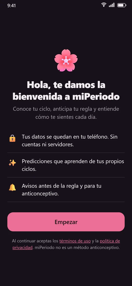 Pantalla de bienvenida en modo oscuro